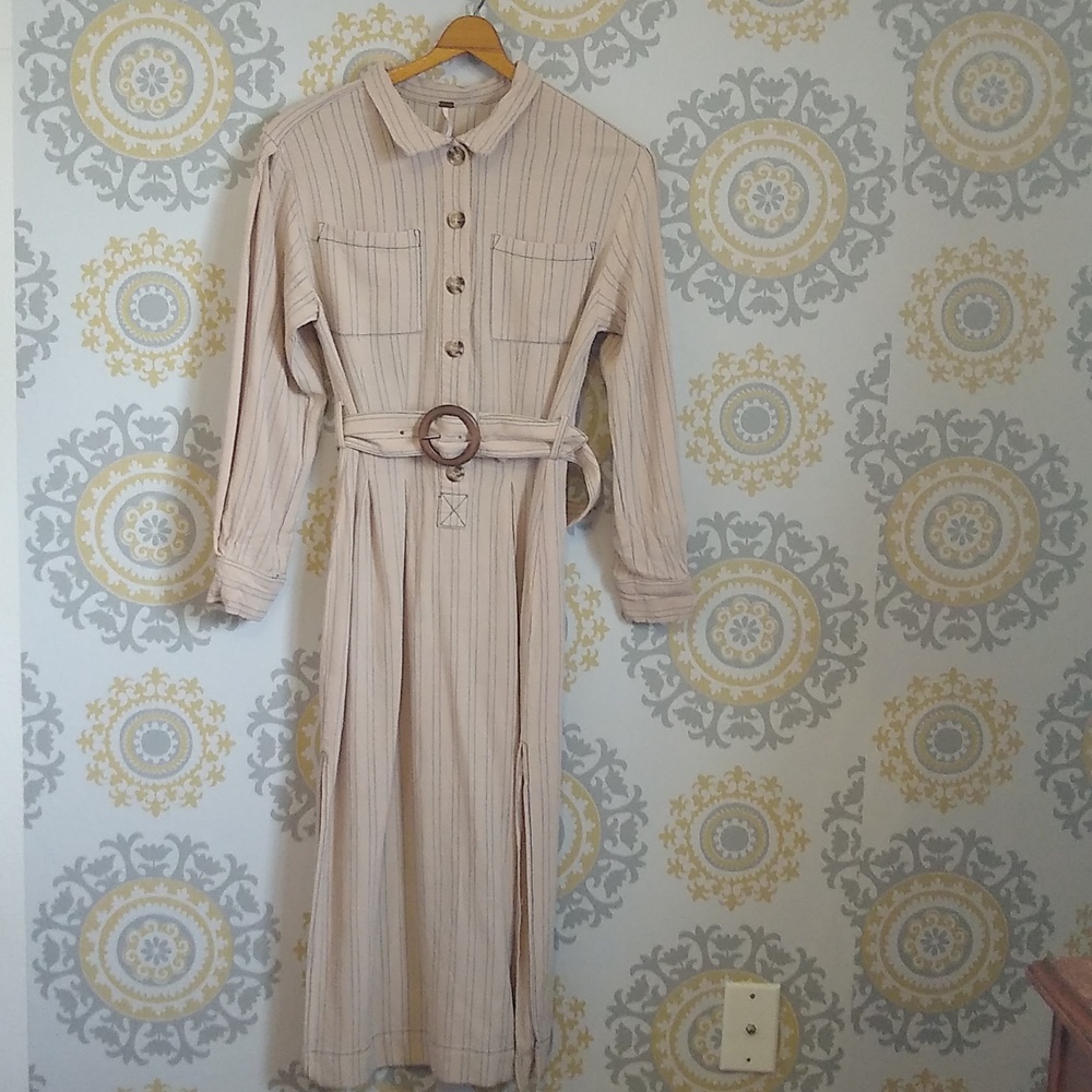 Free People long sleeve midi khaki striped dress small